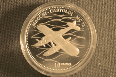 10 франков 2003 года, Конго, авиация, "Самолет Macchi Castoldi MC 72", пруф, серебро