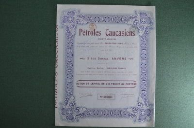 Кавказская нефть (Petroles Caucasiens). Акция на 250 франков, с купонами. Чечня, Кавказ, 1920 год. 