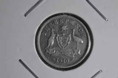 Монета 3 пенса 1910 года. Серебро. Австралия.