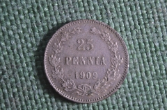 Монета 25 пенни 1909 года. Николай II. Российская Империя. Pennia. Для Финляндии. Серебро.