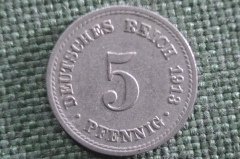 Монета 5 пфеннигов, пфеннингов 1913 года, Германская Империя. Pfennig, Deutsches Reich.