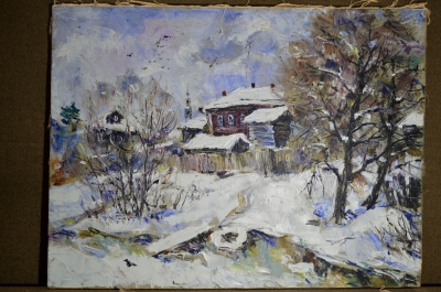 Картина "Деревня зимой". Автор Гусев Петр. Масло, холст. 2007 г.