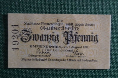 Нотгельд 20 пфеннигов, Emmendingen (Эммендинген) 1917 год, Германия