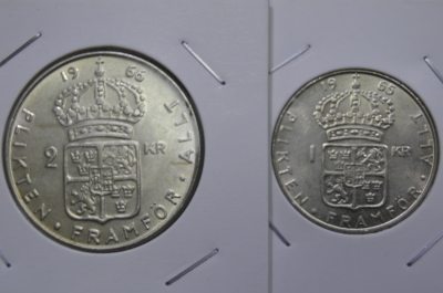 1 и 2 кроны 1965 и 1966 Швеция, серебро, мешковые, UNC, одним лотом