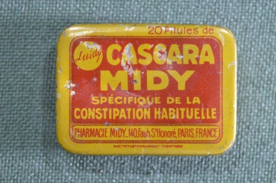 Аптечная жестяная коробочка - таблетница "Cascara Midy". Первая половина 20 века.Франция.