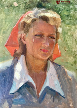 Портрет девушки с красным бантом. Масло,картон. Автор неизвестен. СССР.
