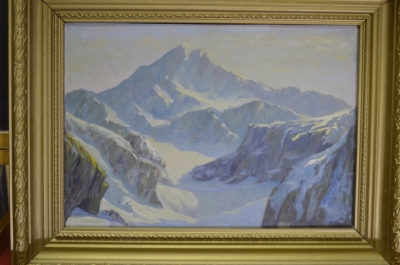 Картина "Горы в снегу". Масло, оргалит. Автор неизвестен. СССР.