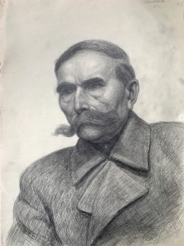 Рисунок, портрет мужчины с усами. Бумага, карандаш. Художник Балабанов В.В. 1950 годы. СССР.