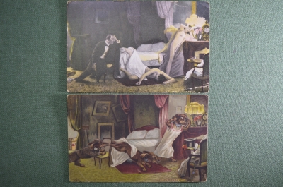 Лот из двух открыток на одну тему "Измена. Убийство любовника". Юмор. Начало XX века, Европа.