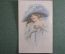 Старинная открытка "Девушка в шляпке". Подписанная. Напечатано в США, начало XX века.