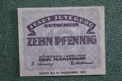 Нотгельд города Ютербог, 10 пфеннигов. Jüterbog, Бранденбург, Германия. 1 апреля 1920 года.