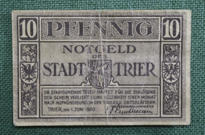 Нотгельд Трир, 10 пфеннигов. Trier, Рейнланд-Пфальц, Германия. 1 июня 1920 года.