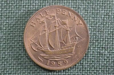 1/2 пенни (полпенни), Великобритания, корабль, парусник. Half penny, Great Britain. 1959 год.