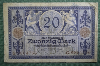 Банкнота 20 марок 1915 года, рейхсбанкнота. Берлин, Германия.
