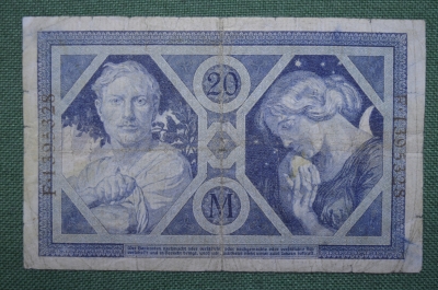 Банкнота 20 марок 1915 года, рейхсбанкнота. Берлин, Германия.