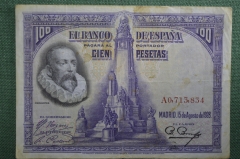 Банкнота 100 песет. Испания, 1928 год. Cien pesetas, Мигель де Сервантес Сааведра