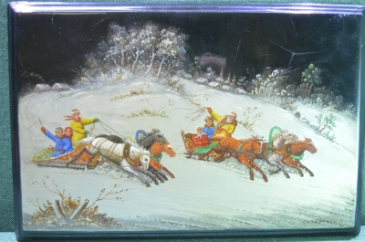 Панно настенное "Зимняя тройка", лаковая роспись. Федоскино, Китайскин, 1979 год, СССР.