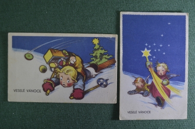 Открытки (2 штуки) "Веселого Рождества, Vesele Vanoce". Чехословакия. Подписанные.