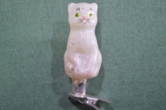 Елочная игрушка "Кошка, котенок белый". Стекло, прищепка. СССР.