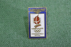 Знак значок "Часы Longines Олимпиада". Тяжелый металл, горячая эмаль. 1992 год.