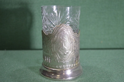 Подстаканник "К звездам. Кремль, спутник", со стаканом. Мельхиор. 