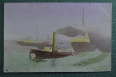 Старинная открытка "Корабль на буксире". Европа.