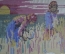 Картина старинная вышитая в резной раме "В поле. Уборка урожая". Русский стиль. Начало 20 века.