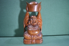 Статуэтка габаритная "Хотей (смеющийся Будда) со слитком". Защита от стрессов. Дерево. Буддизм.