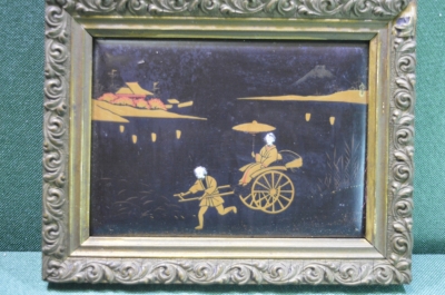 Картина старинная "Рикша". Лак, инкрустация, перламутровые вставки. Япония.