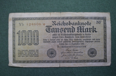 Банкнота 1000 марок 1922 года. Берлин, Веймарская Республика, Германия.