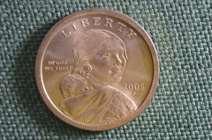Монета 1 доллар США, 2005 год. Сакагавея, Сакаджавея. Индианка, парящий орел. One dollar, USA.