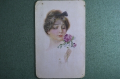 Открытка старинная "Женщина с розой". Erkal. Европа, 1919 год.