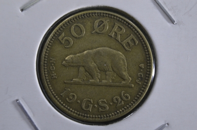 Монета 50 эре оре 1926 года. Гренландия. XF.