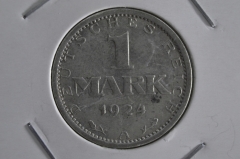 Монета 1 марка 1924 года. А. Серебро. Веймар. Германия. Империя. XF-aUNC.
