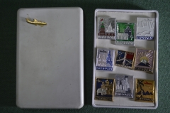 Значки, подборка "Аэрофлот, международные рейсы. Авиация СССР" (9 штук, коробка). 