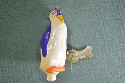 Игрушка елочная стеклянная "Пингвин, пингвиненок". Стекло, прищепка. #5. СССР.
