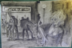 Рисунок углем на плотной бумаге "Кафе проститутки полиция". 60 х 40. Растушевка. Винтаж. 