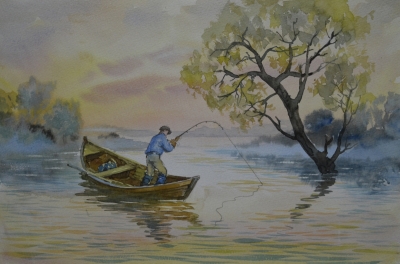 Картина "Утро на рыбалке", акварель. Автор - Шавлов А.Ф., 1992г.