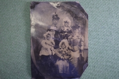 Фотография старинная на металле "Три дамы в шляпках, с детьми". Российская Империя.