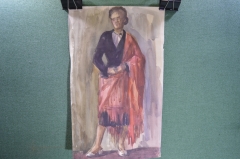 Картина, рисунок "Женщина с красной шалью". Бумага, акварель.