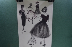 Рисунок "Эскизы платьев для журнала, мода". Бумага, карандаш, краска. #7