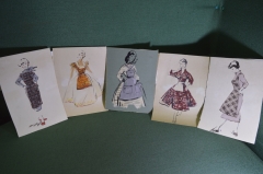 Рисунки, наброски для журнала мод. Платья. Лот 5 эскизов. 1950 -е годы. Мода, стиль.