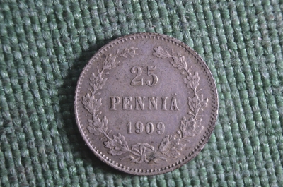 Монета 25 пенни 1909 года. Николай II. Российская Империя. Pennia. Для Финляндии. Серебро.