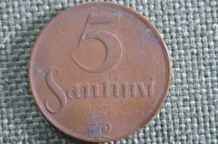 Монета 5 сантимов, сантим 1922 года, Латвия. Samtimu, Latvija