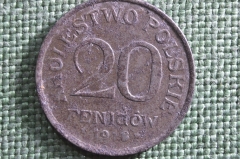Монета 20 фенигов 1918 года. Буквы F F. 20 fenigow, Krolestwo Polskie. Немецкая оккупация, Польша. 