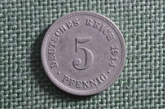 Монета 5 пфеннигов 1914 года. Буква A. Карлсруэ. Deutsches Reich. Германская империя.