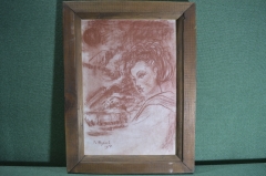 Картина, рисунок в рамке "Девушка". Художник Василий Иванович Шухаев, 1958 год.