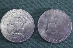Монеты "Лунный доллар", набор (2 штуки). 1972 и 1976 годы. Эйзенхауэр. Орел, Луна, Колокол. США.