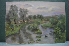 Картина "Коровы у реки". Оргалит, масло. Худ. Краснов Б.А.
