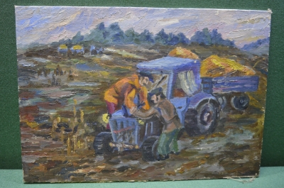 Картина "Целина. Ремонт трактора в поле". Холст, масло. Худ. Краснов (Ройтер)